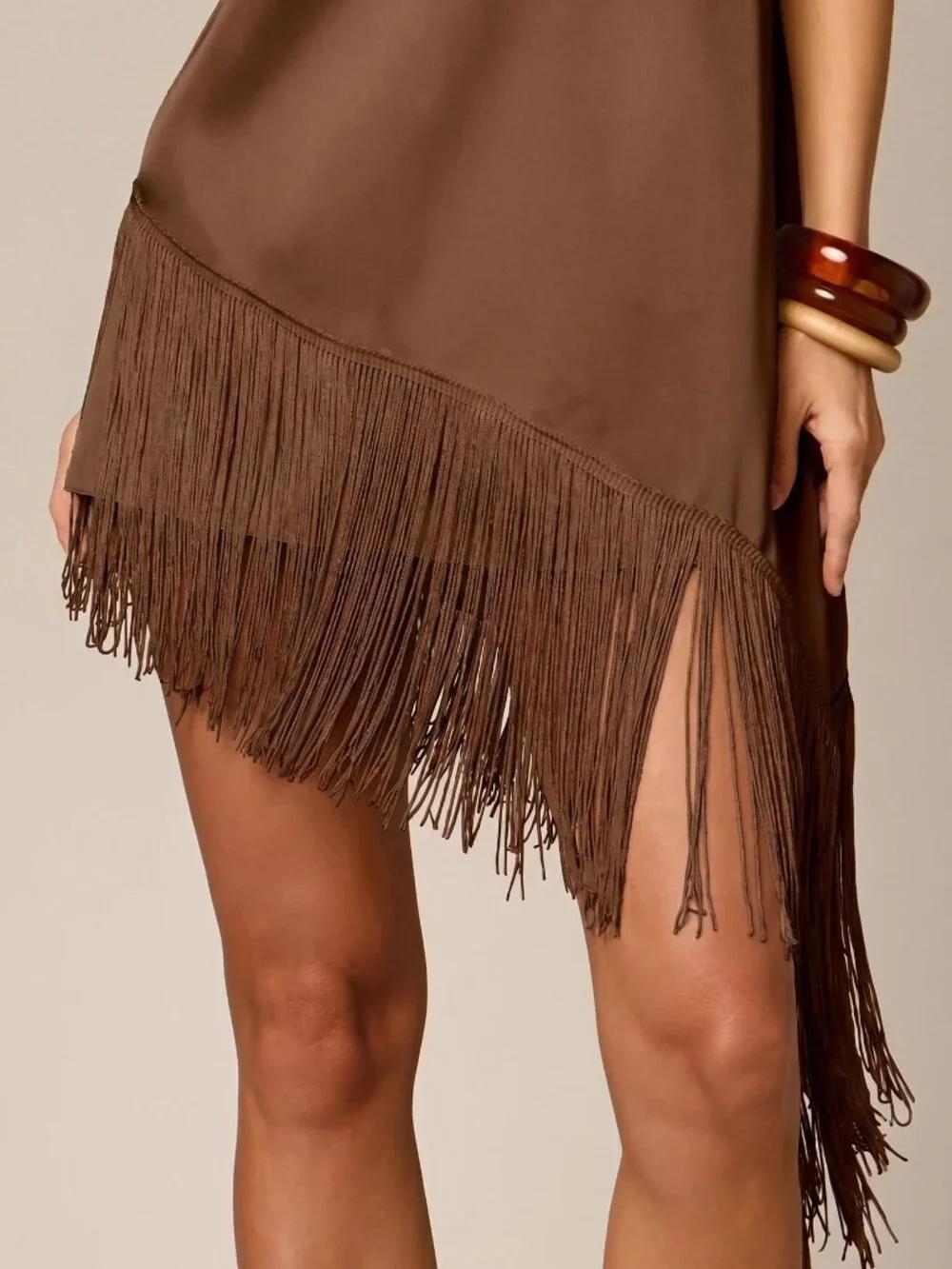 Brown Elegant Women's Mock Neck Fringe Hem Sleeveless A-Line Mini Dress